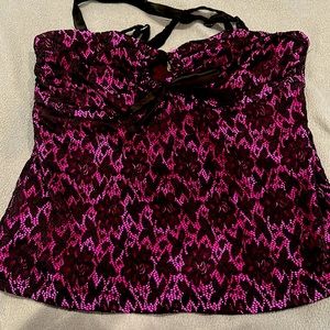 Magenta/black lace tankini top with underwire bra